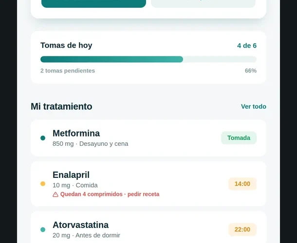 Pantalla de inicio de COREMEDIC con la próxima toma y el tratamiento del día